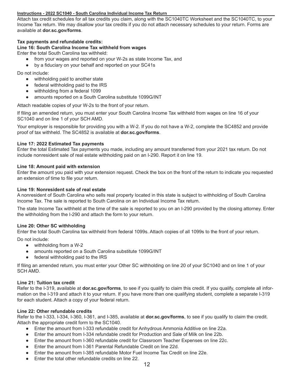 Instructions for Form SC1040 Individual Income Tax Return - South Carolina, Page 12