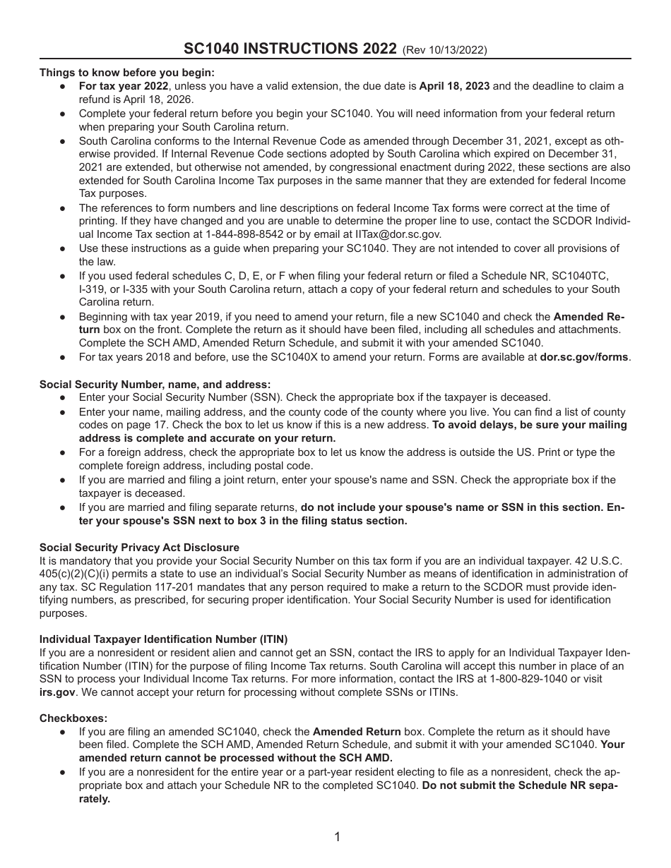 Instructions for Form SC1040 Individual Income Tax Return - South Carolina, Page 1