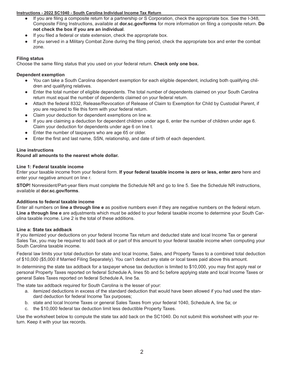 Instructions for Form SC1040 Individual Income Tax Return - South Carolina, Page 2