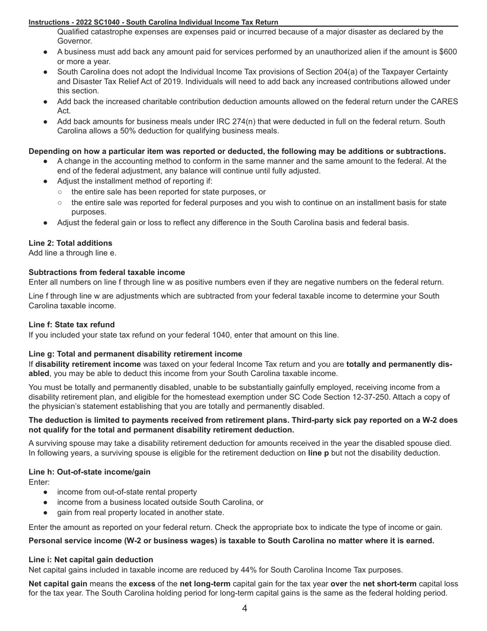 Instructions for Form SC1040 Individual Income Tax Return - South Carolina, Page 4