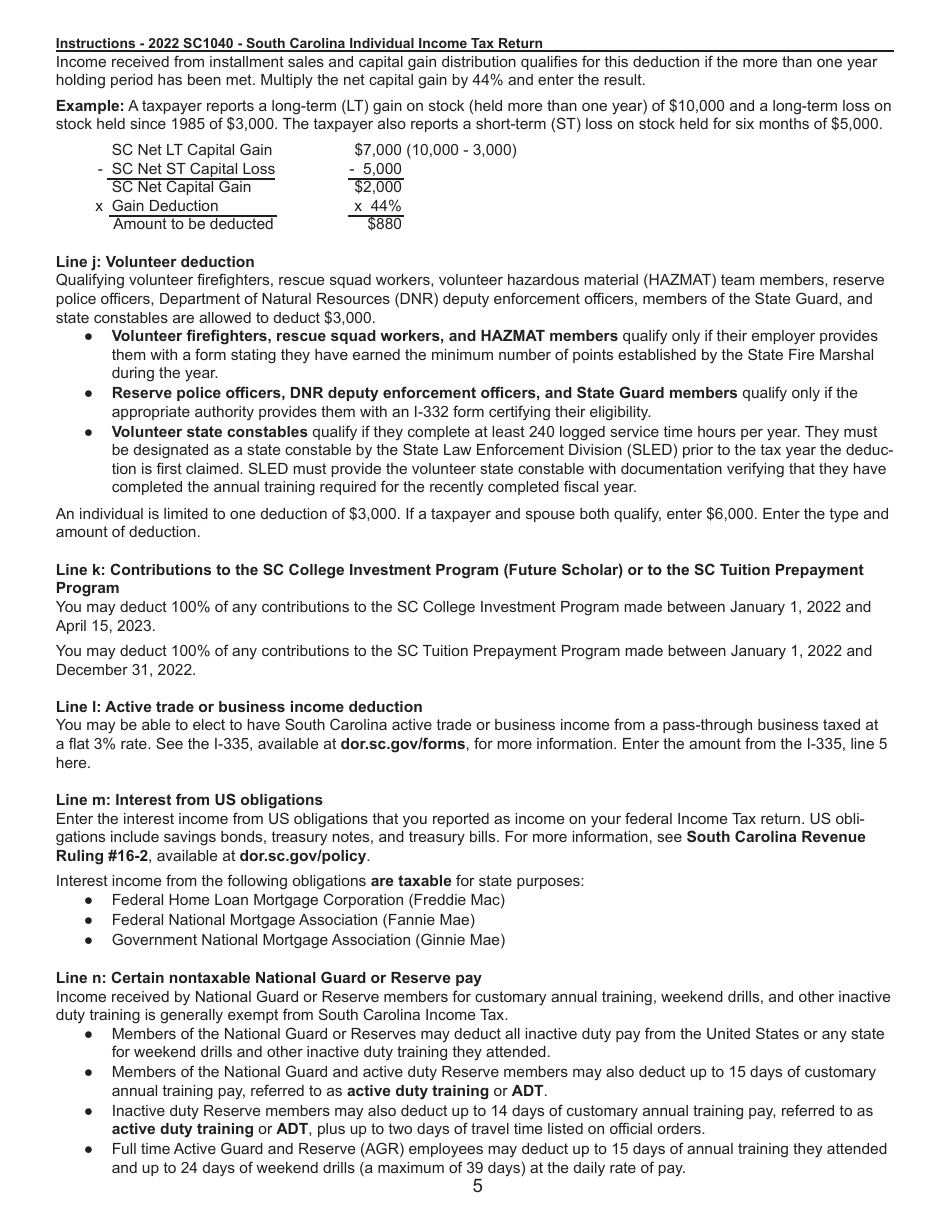 Instructions for Form SC1040 Individual Income Tax Return - South Carolina, Page 5