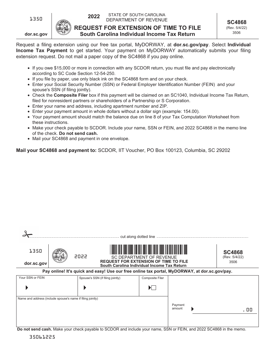 Form SC4868 Request for Extension of Time to File South Carolina Individual Income Tax Return - South Carolina, Page 1