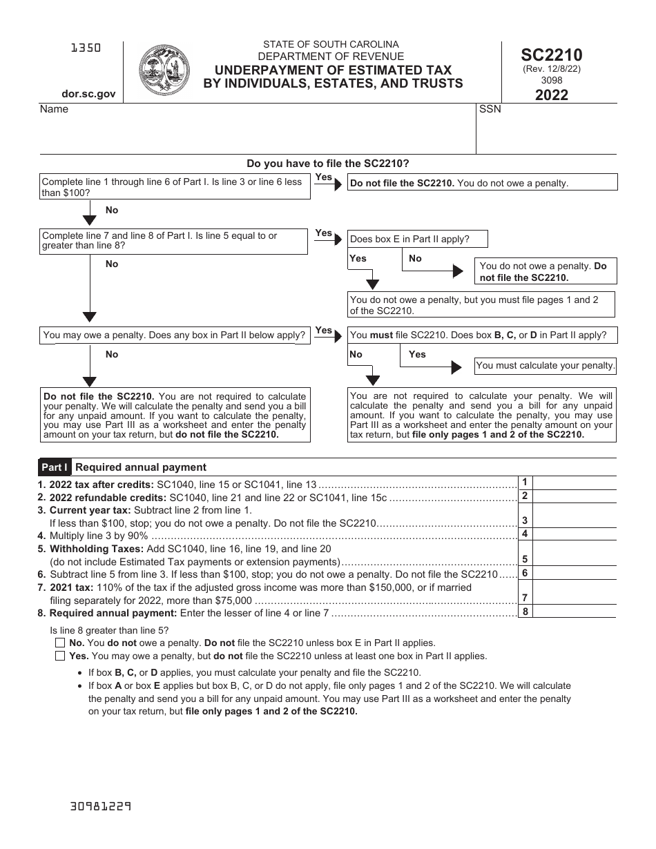 Form SC2210 Underpayment of Estimated Tax by Individuals, Estates, and Trusts - South Carolina, Page 1