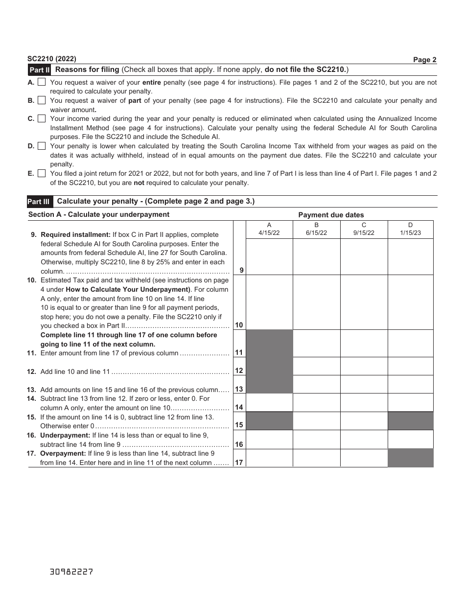 Form SC2210 Underpayment of Estimated Tax by Individuals, Estates, and Trusts - South Carolina, Page 2