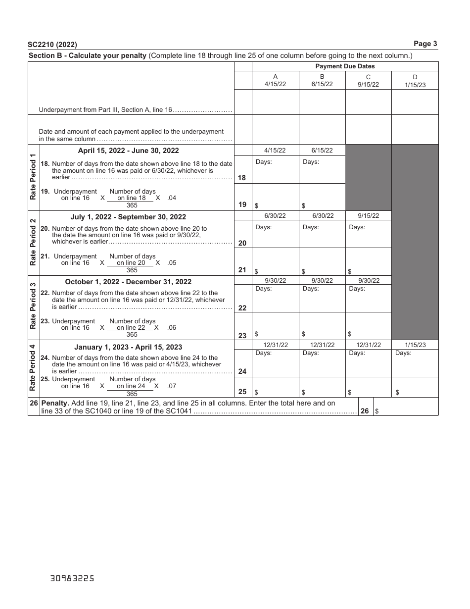 Form SC2210 Underpayment of Estimated Tax by Individuals, Estates, and Trusts - South Carolina, Page 3