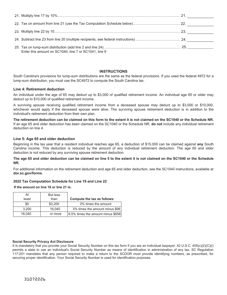 Form SC4972 Tax on Lump-Sum Distributions - South Carolina, Page 2