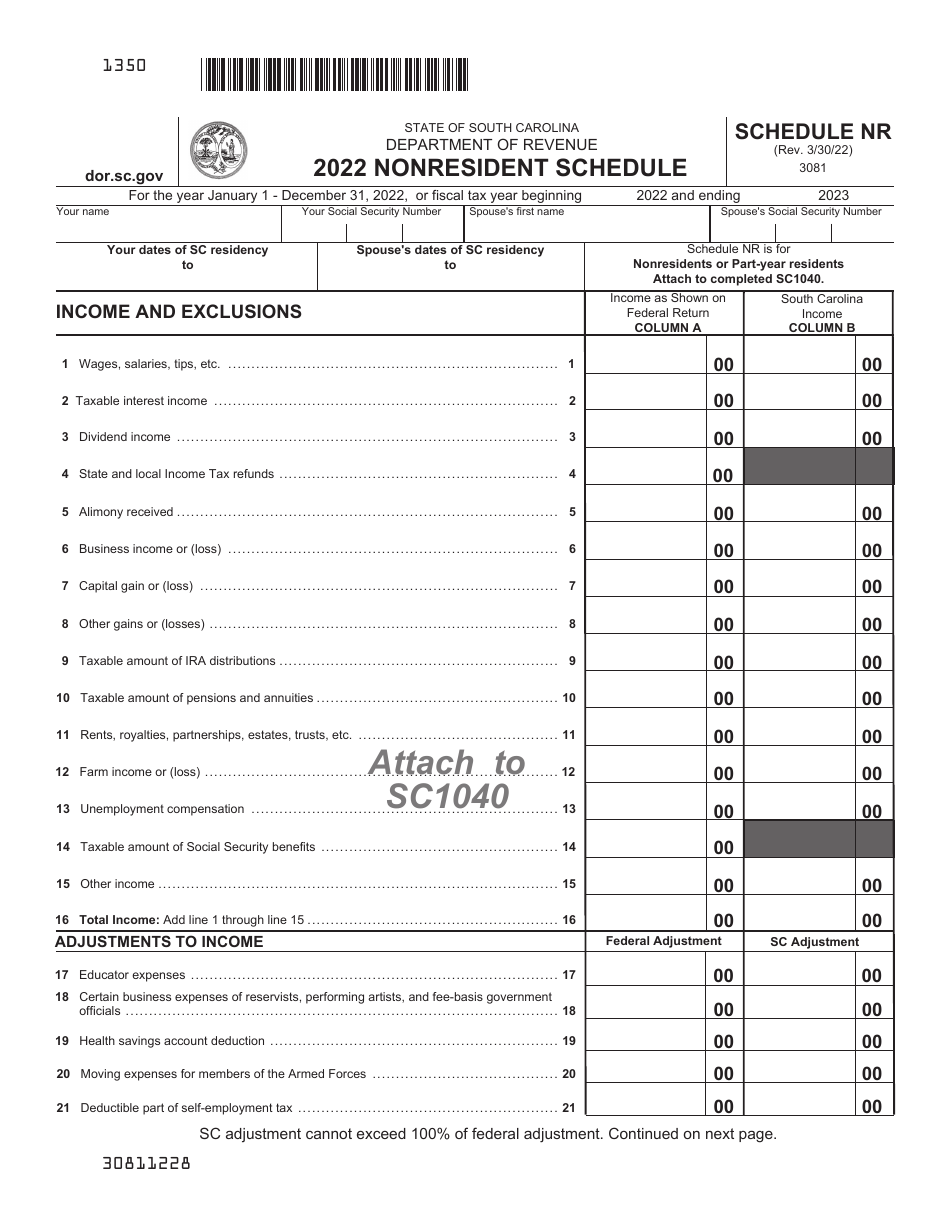 Schedule NR Nonresident Schedule - South Carolina, Page 1