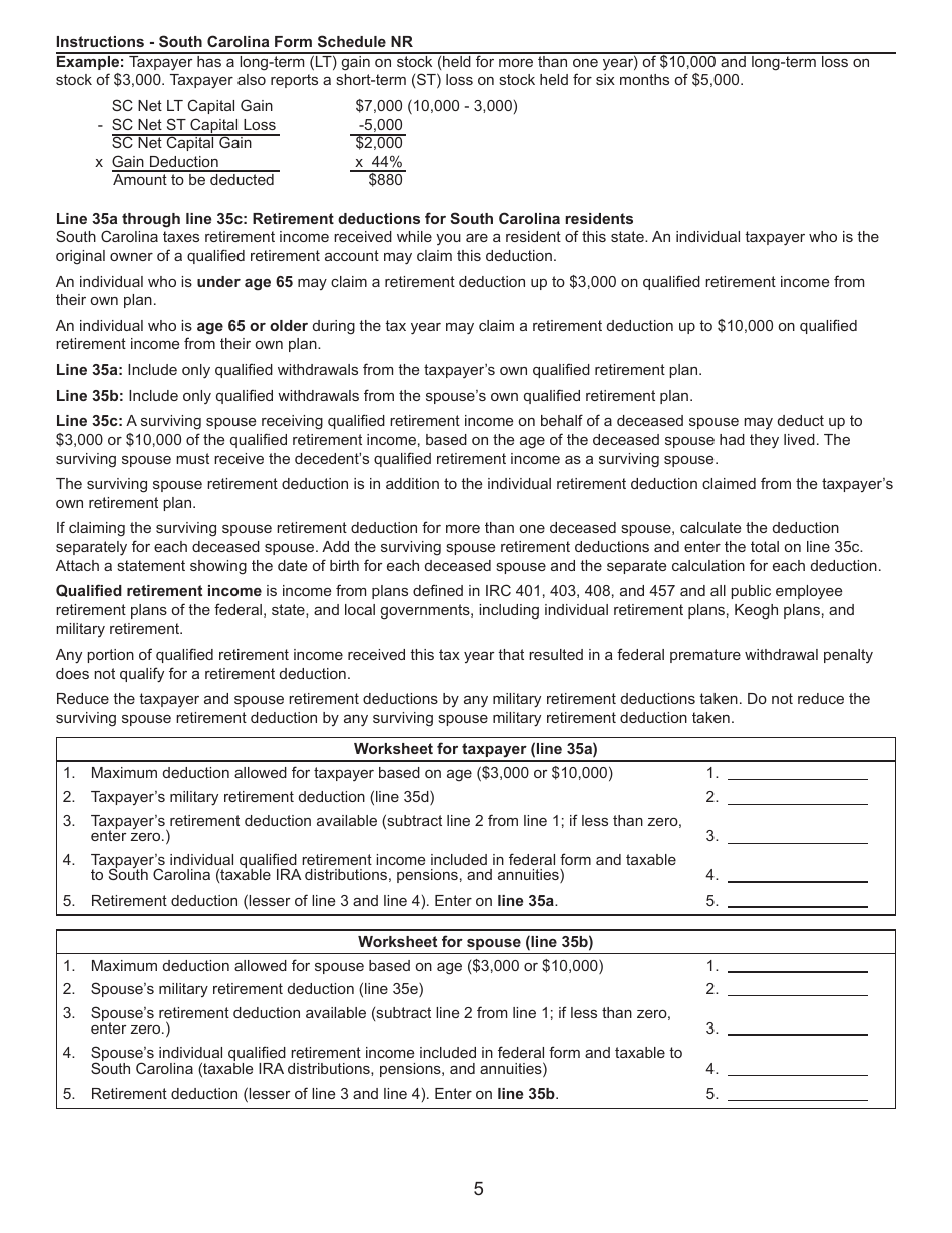 Instructions for Schedule NR Nonresident Schedule - South Carolina, Page 5