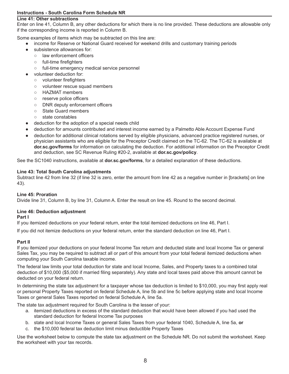 Instructions for Schedule NR Nonresident Schedule - South Carolina, Page 8