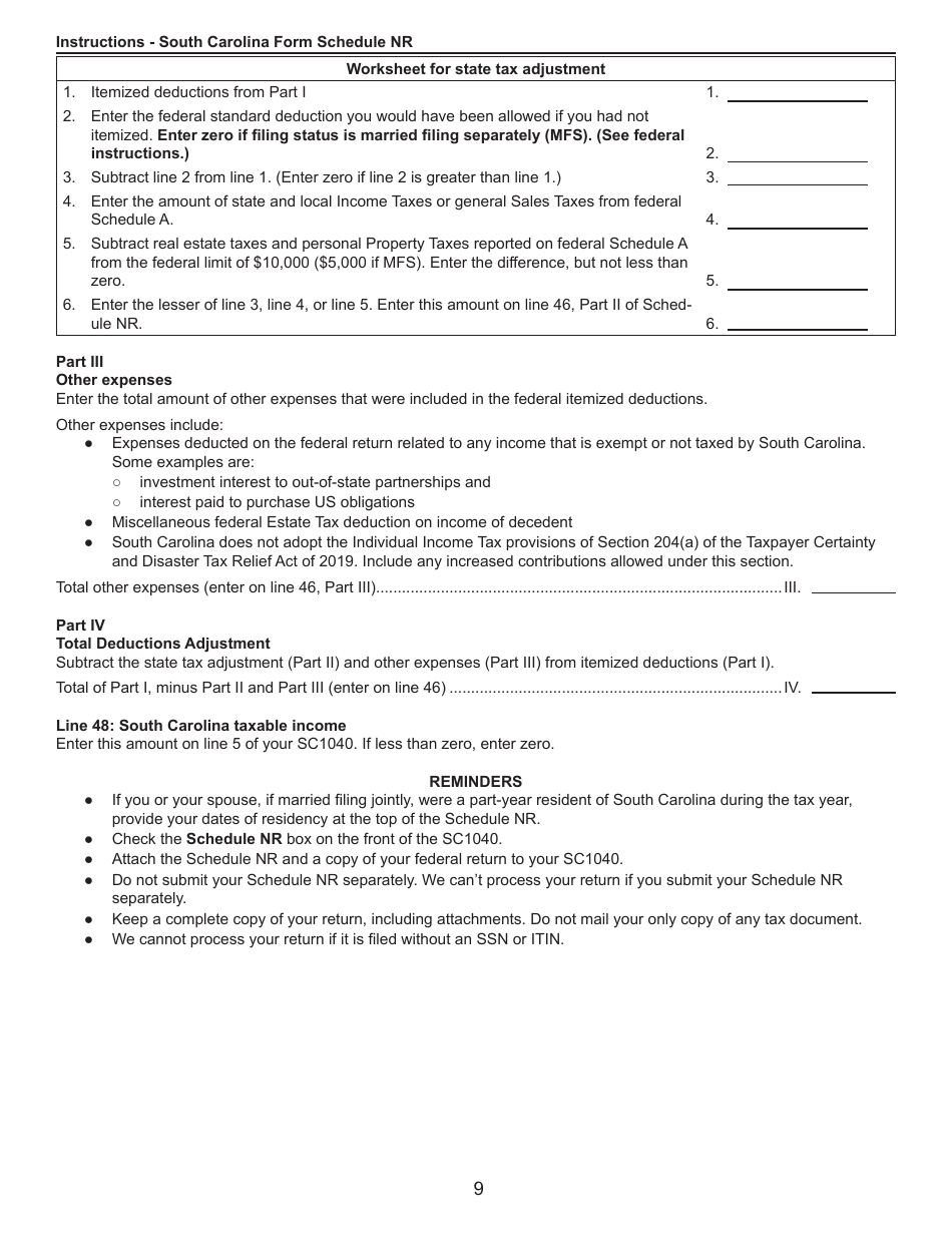 Instructions for Schedule NR Nonresident Schedule - South Carolina, Page 9