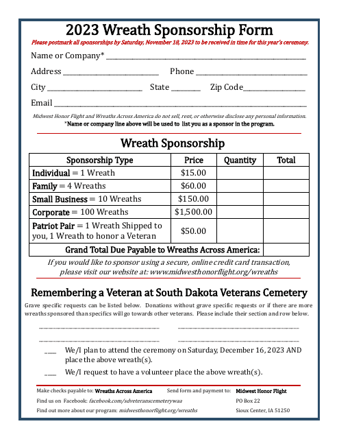 Wreath Sponsorship Form - South Dakota Download Pdf