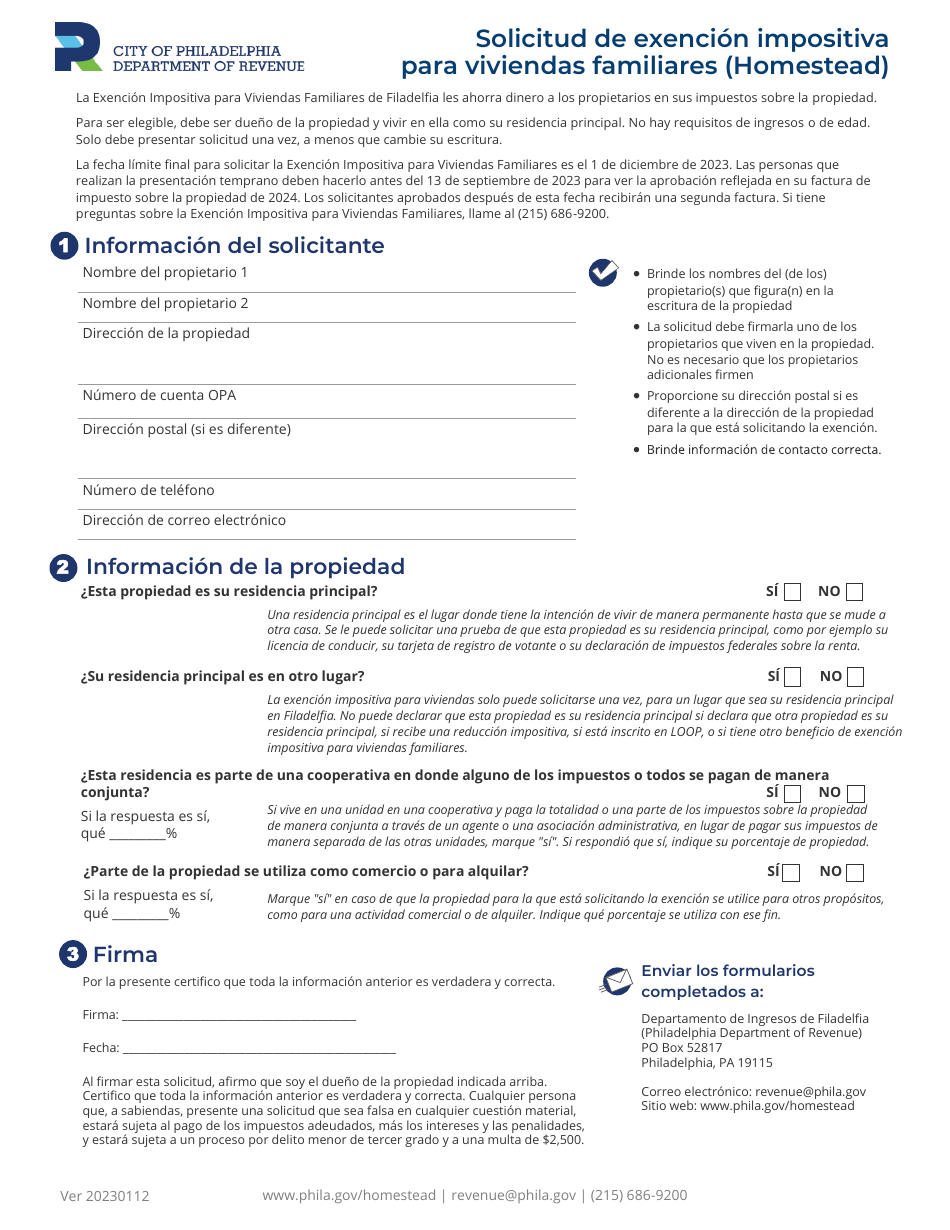 Homestead Application - City of Philadelphia, Pennsylvania (English / Spanish), Page 2