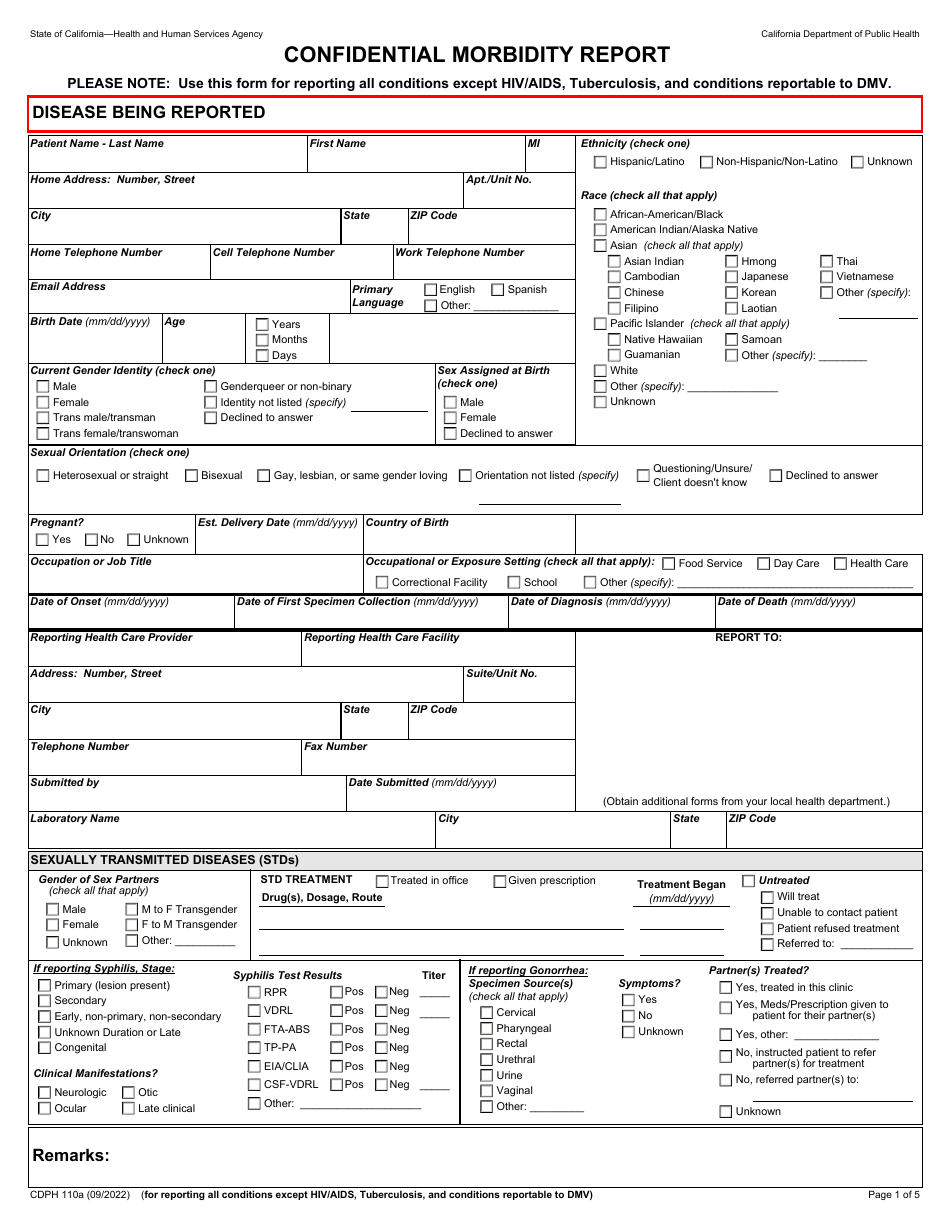 Form CDPH110A Confidential Morbidity Report - California, Page 1