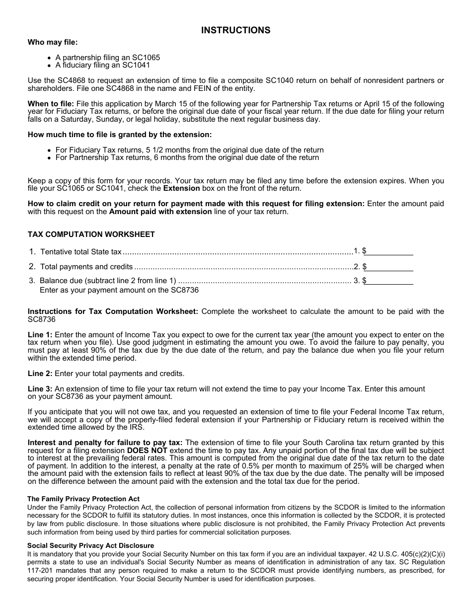Form SC8736 Request for Extension of Time to File South Carolina Return for Fiduciary and Partnership - South Carolina, Page 2