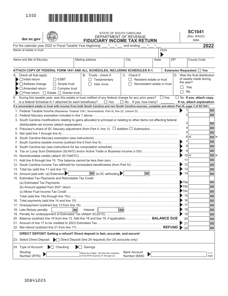 Form SC1041 Fiduciary Income Tax Return - South Carolina, Page 1