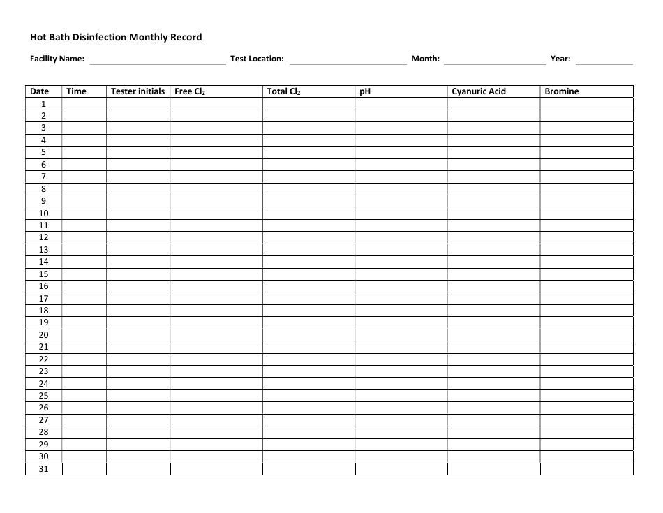 Inyo County, California Hot Bath Disinfection Monthly Record Fill Out