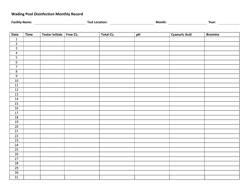 Inyo County, California Wading Pool Disinfection Monthly Record - Fill ...