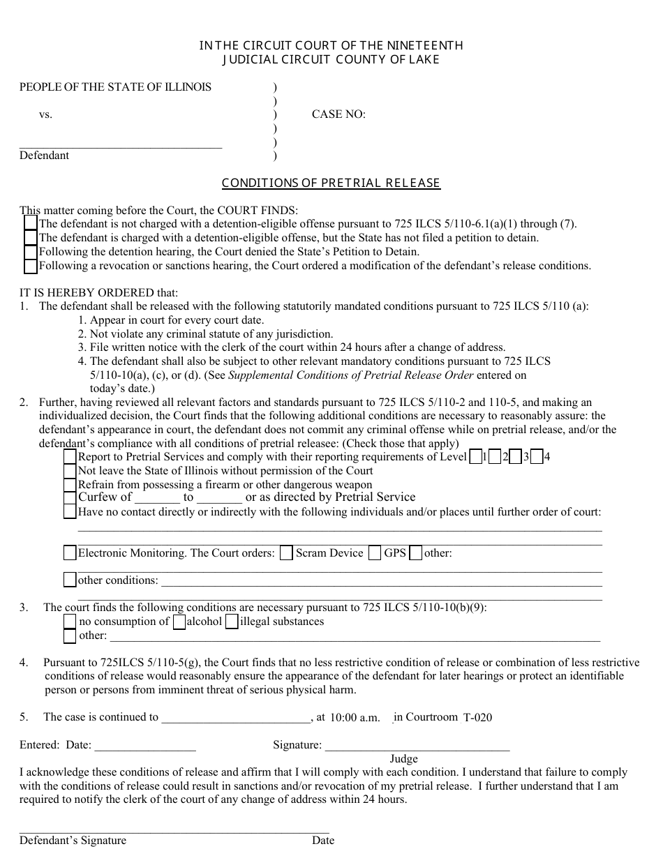 County of Lake Illinois Conditions of Pretrial Release Fill Out