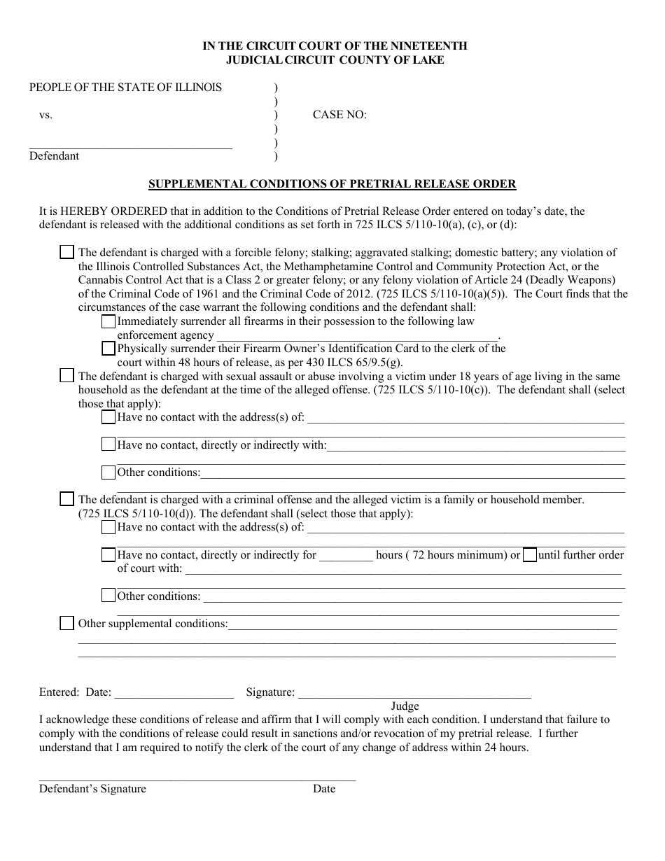 Supplemental Conditions of Pretrial Release Order - Lake County, Illinois, Page 1