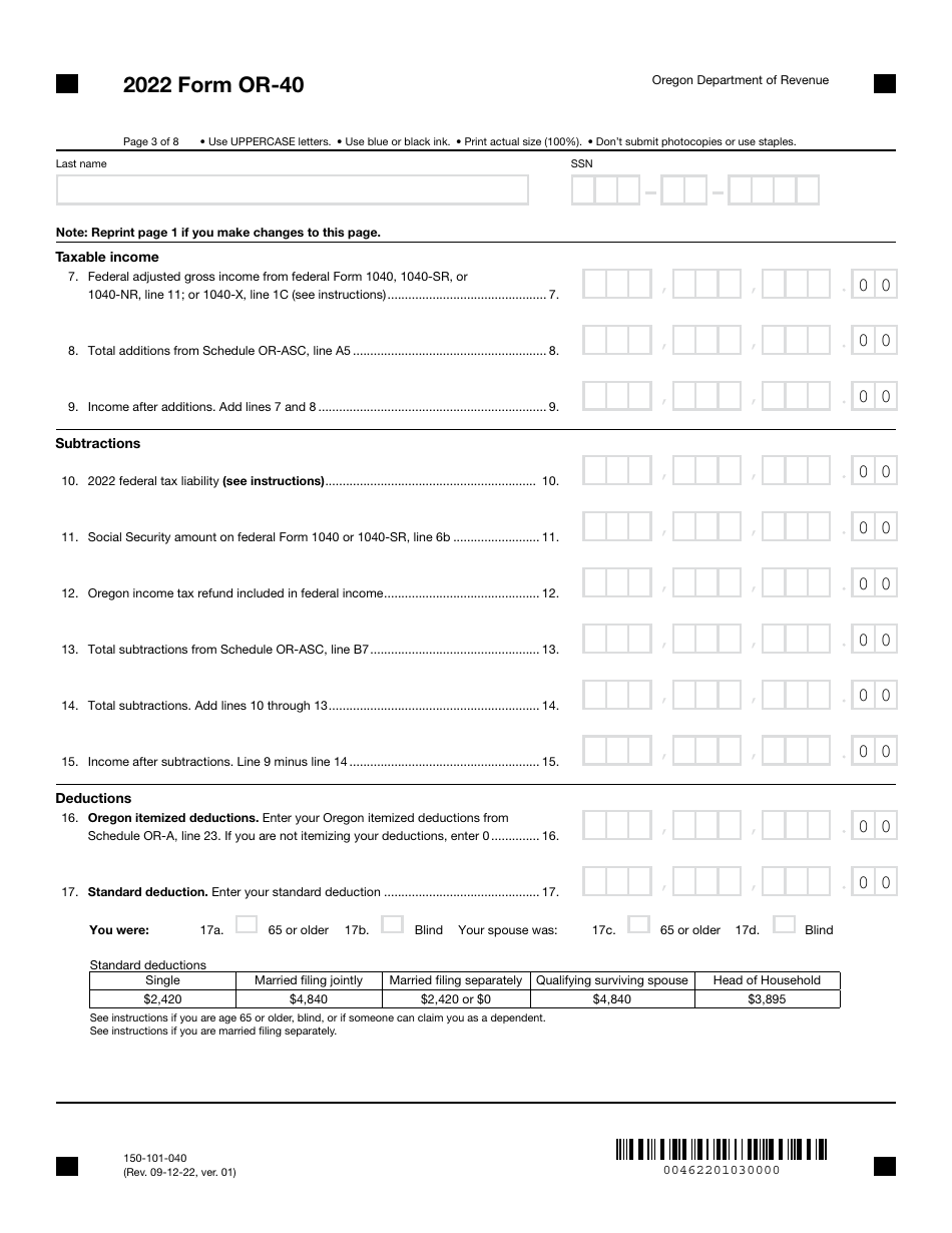 Form OR-40 (150-101-040) Oregon Individual Income Tax Return for Full-Year Residents - Oregon, Page 3