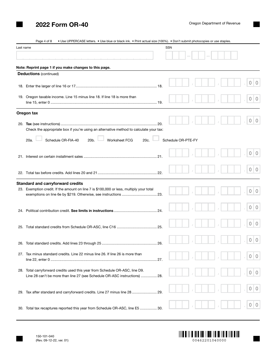 Form OR-40 (150-101-040) Oregon Individual Income Tax Return for Full-Year Residents - Oregon, Page 4
