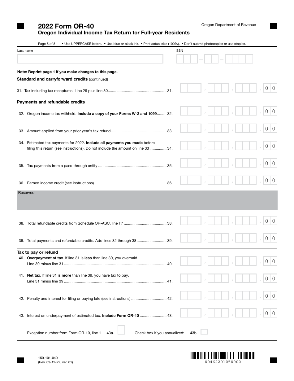 Form OR-40 (150-101-040) Oregon Individual Income Tax Return for Full-Year Residents - Oregon, Page 5