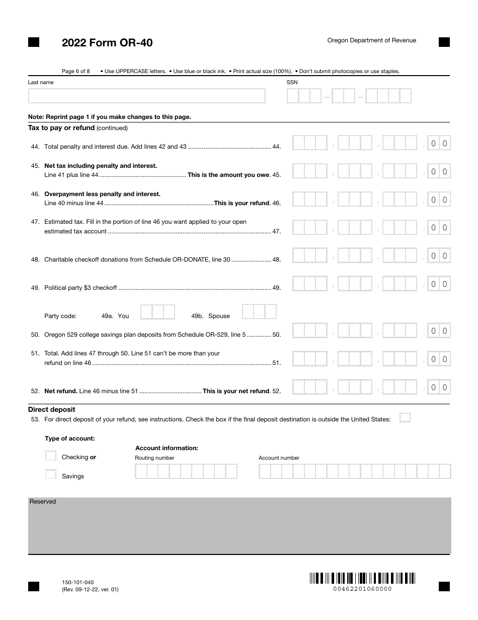Form OR-40 (150-101-040) Oregon Individual Income Tax Return for Full-Year Residents - Oregon, Page 6