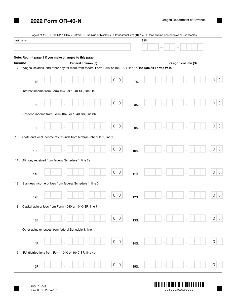 Form OR-40-N (150-101-048) Oregon Individual Income Tax Return for Nonresidents - Oregon, Page 3