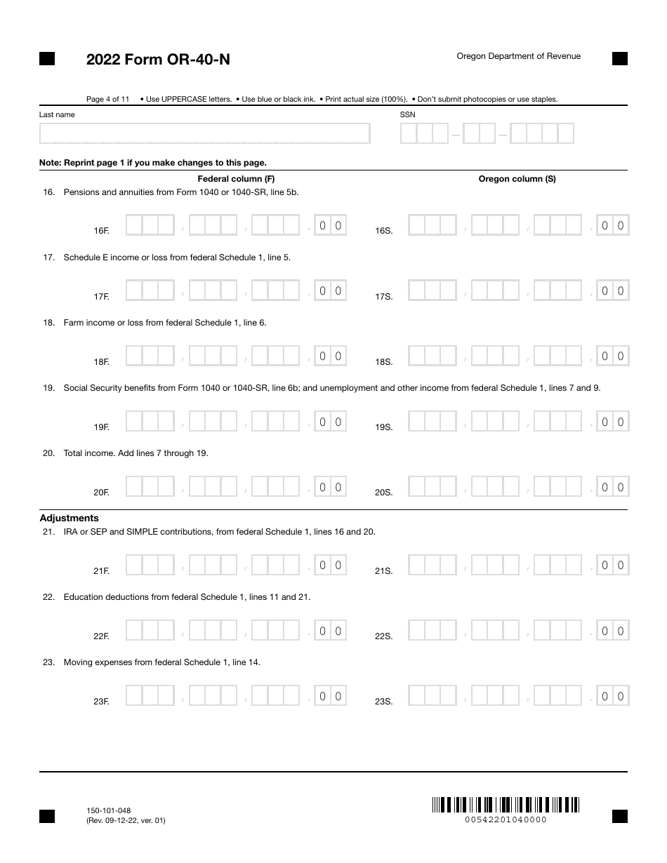 Form OR-40-N (150-101-048) Oregon Individual Income Tax Return for Nonresidents - Oregon, Page 4