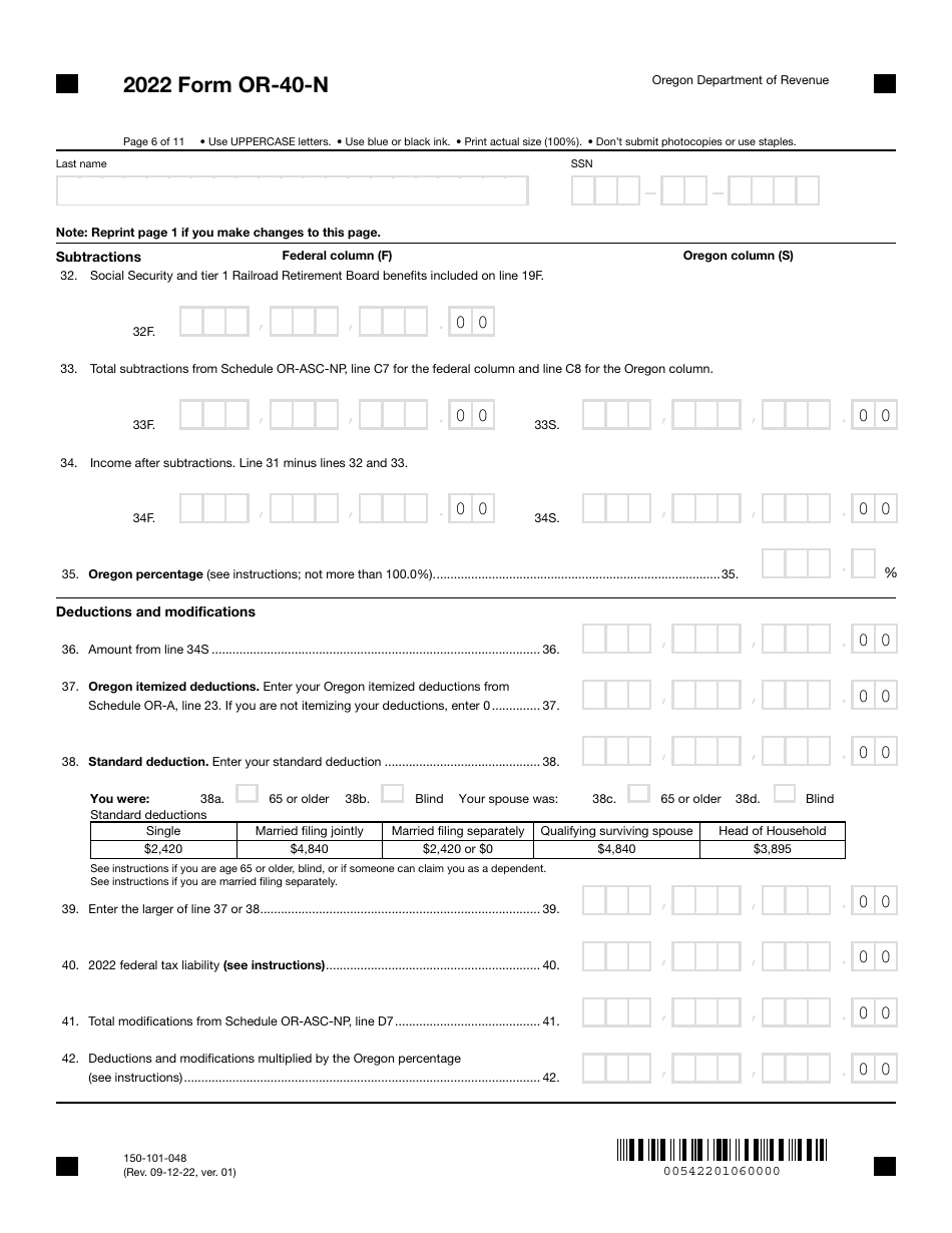 Form OR-40-N (150-101-048) Oregon Individual Income Tax Return for Nonresidents - Oregon, Page 6