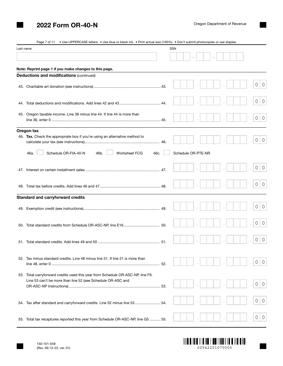 Form OR-40-N (150-101-048) Oregon Individual Income Tax Return for Nonresidents - Oregon, Page 7