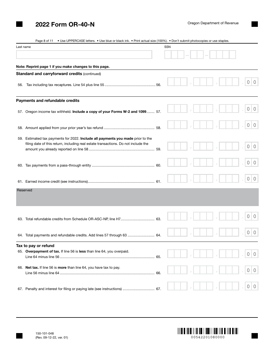 Form OR-40-N (150-101-048) Oregon Individual Income Tax Return for Nonresidents - Oregon, Page 8