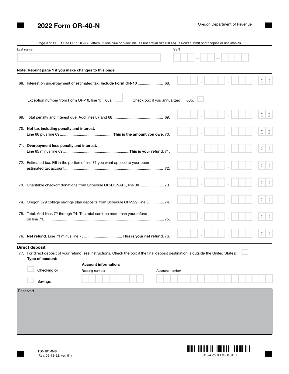 Form OR-40-N (150-101-048) Oregon Individual Income Tax Return for Nonresidents - Oregon, Page 9