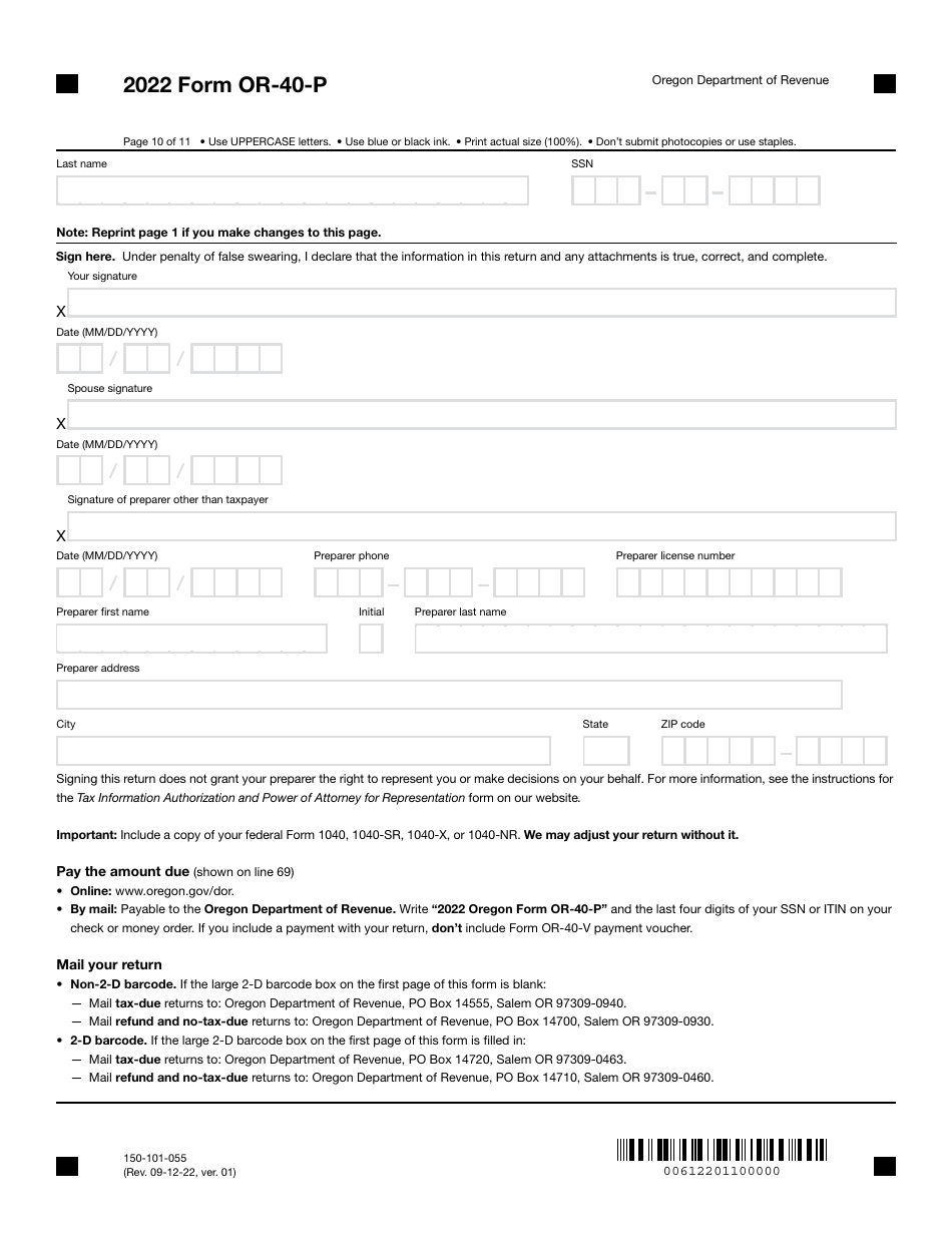 Form OR-40-P (150-101-055) Oregon Individual Income Tax Return for Part-Year Residents - Oregon, Page 10