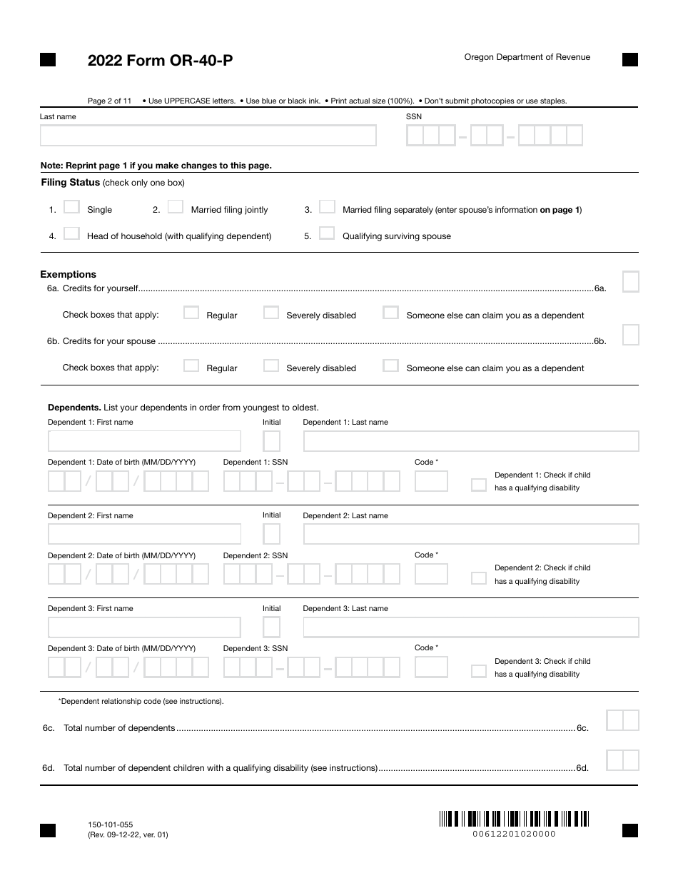 Form OR-40-P (150-101-055) Oregon Individual Income Tax Return for Part-Year Residents - Oregon, Page 2