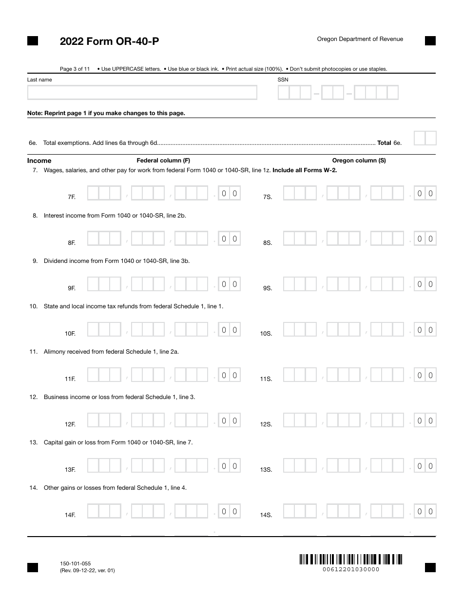 Form OR-40-P (150-101-055) Oregon Individual Income Tax Return for Part-Year Residents - Oregon, Page 3