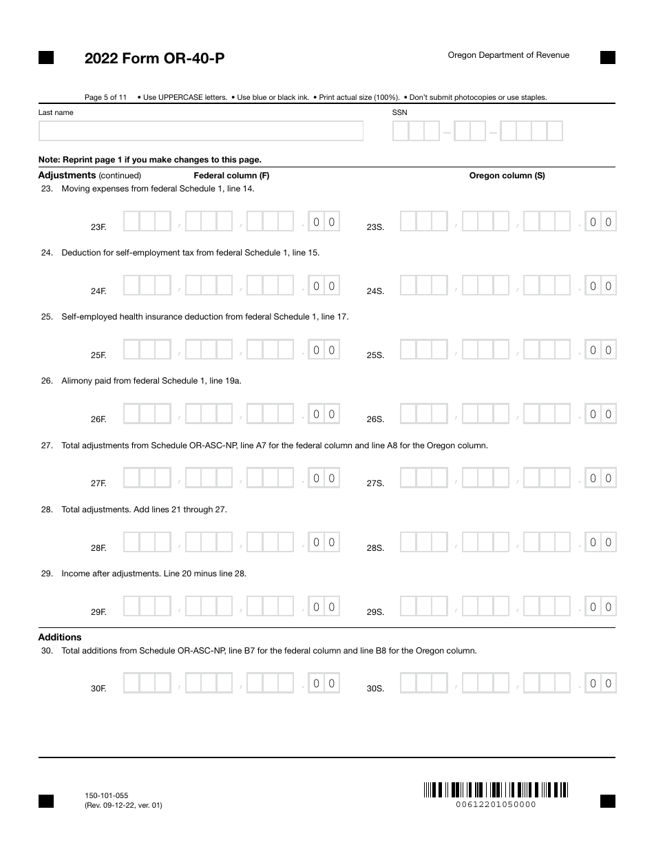 Form OR-40-P (150-101-055) Oregon Individual Income Tax Return for Part-Year Residents - Oregon, Page 5