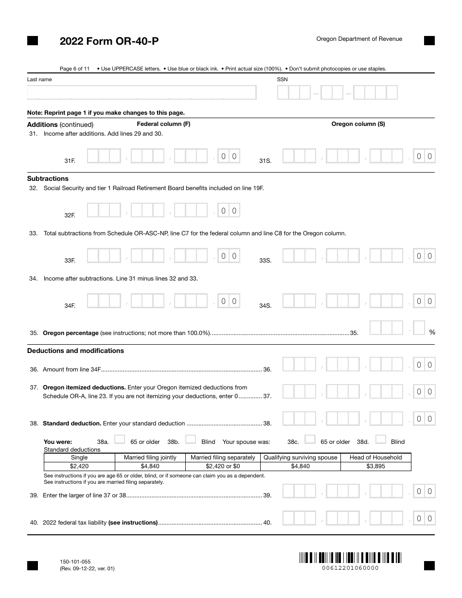 Form OR-40-P (150-101-055) Oregon Individual Income Tax Return for Part-Year Residents - Oregon, Page 6