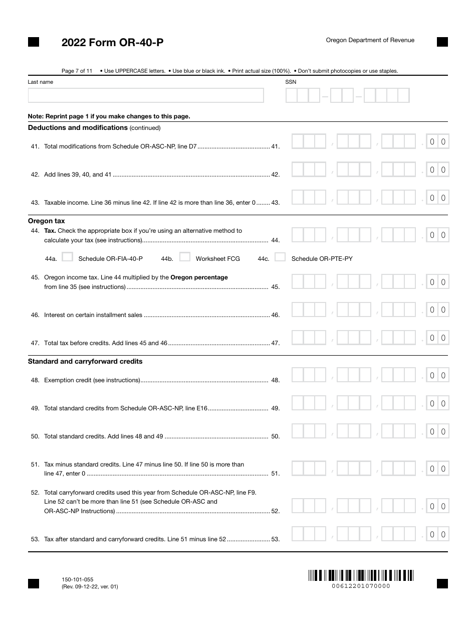 Form OR-40-P (150-101-055) Oregon Individual Income Tax Return for Part-Year Residents - Oregon, Page 7