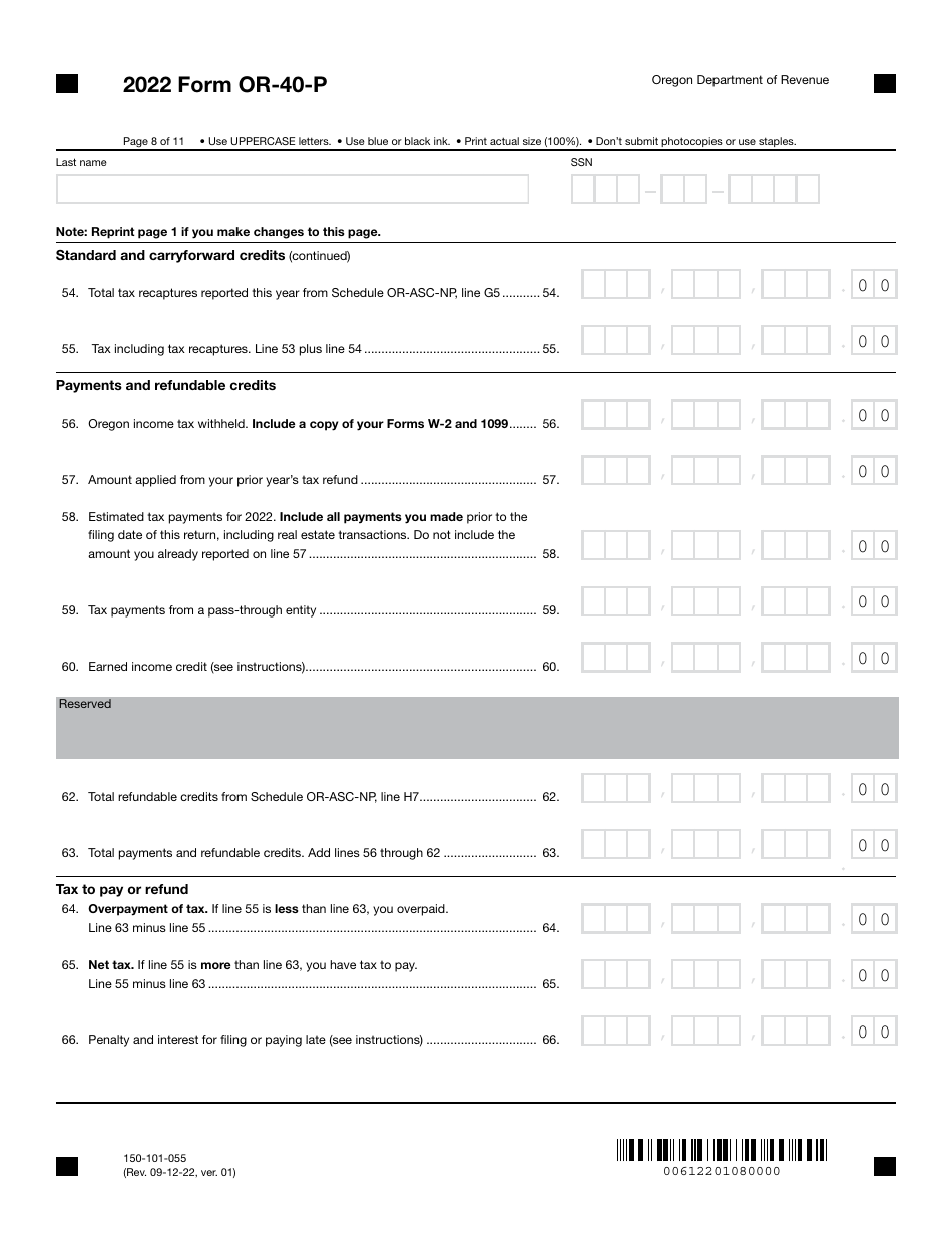 Form OR-40-P (150-101-055) Oregon Individual Income Tax Return for Part-Year Residents - Oregon, Page 8