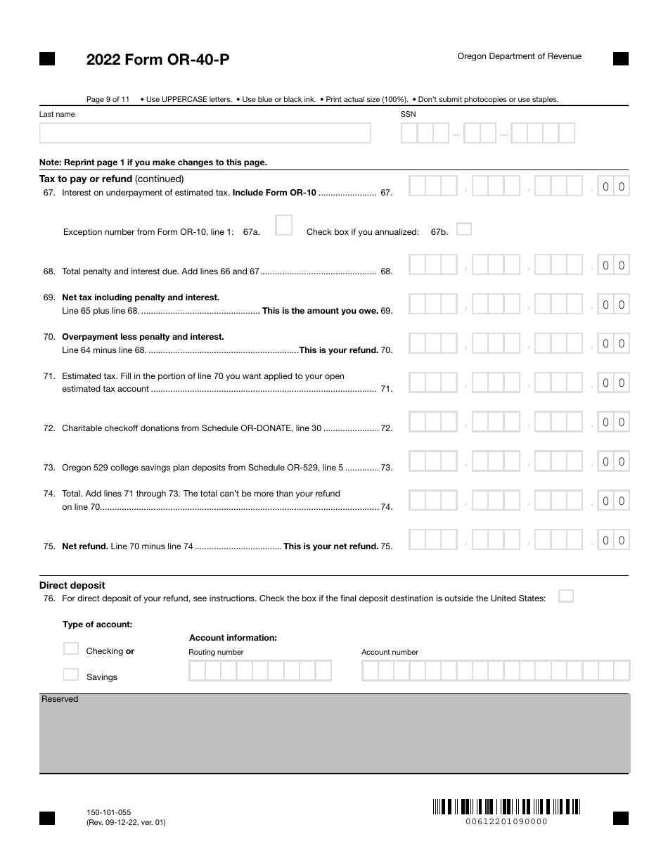 Form OR-40-P (150-101-055) Oregon Individual Income Tax Return for Part-Year Residents - Oregon, Page 9