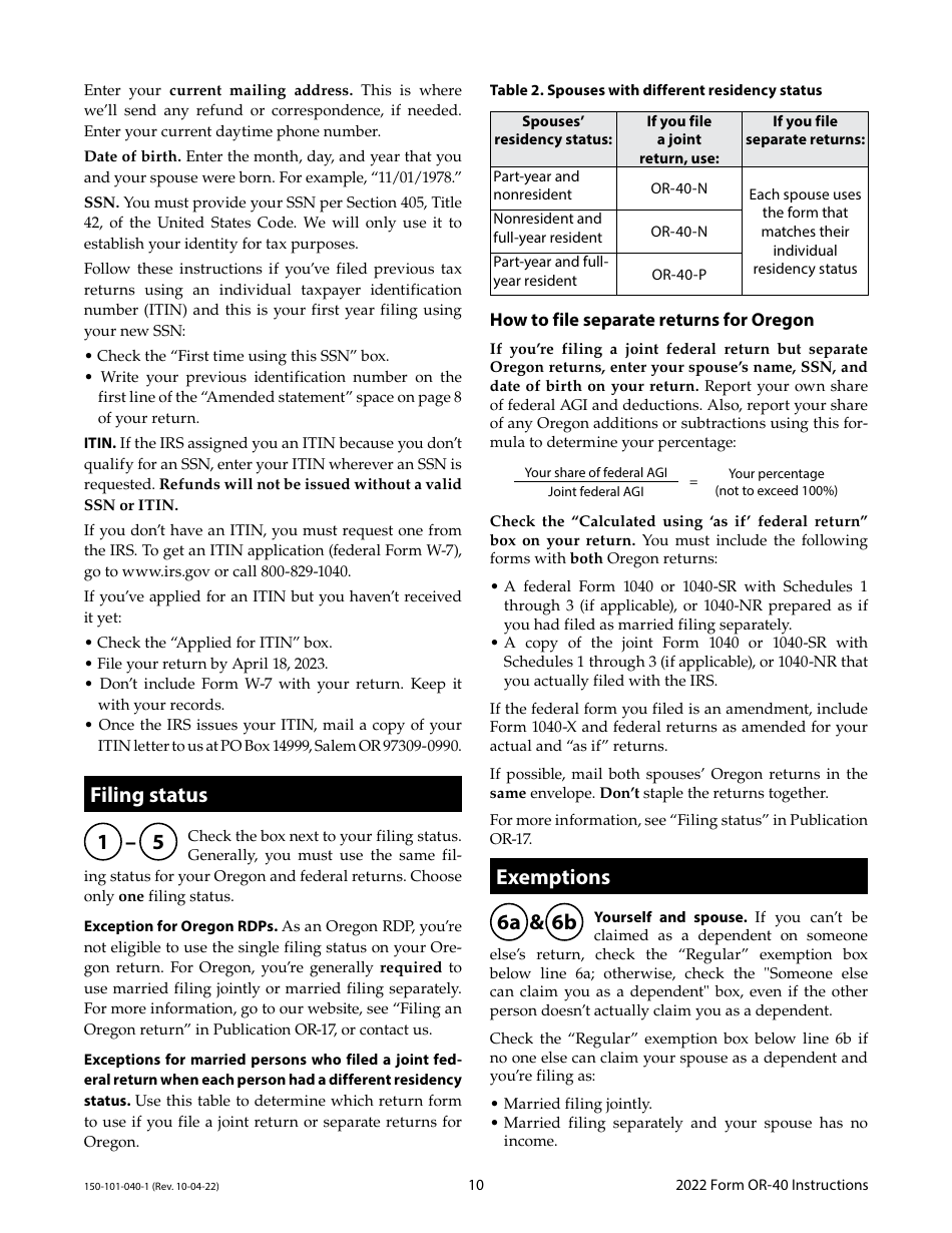 Instructions for Form OR-40, 150-101-040 Oregon Individual Income Tax Return for Full-Year Residents - Oregon, Page 10