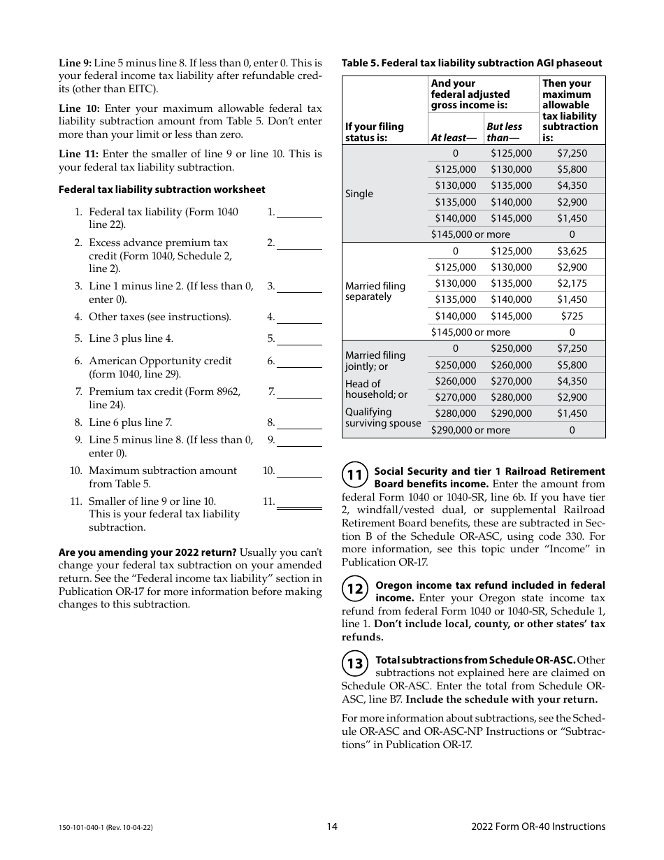 Instructions for Form OR-40, 150-101-040 Oregon Individual Income Tax Return for Full-Year Residents - Oregon, Page 14