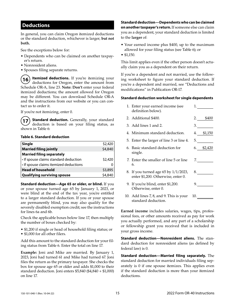 Instructions for Form OR-40, 150-101-040 Oregon Individual Income Tax Return for Full-Year Residents - Oregon, Page 15
