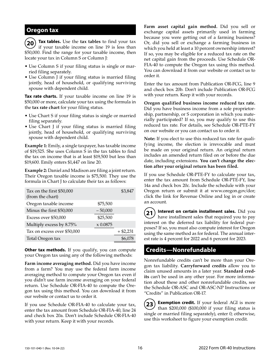 Instructions for Form OR-40, 150-101-040 Oregon Individual Income Tax Return for Full-Year Residents - Oregon, Page 16