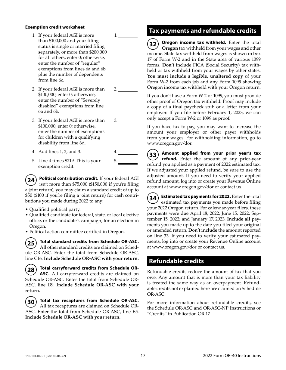 Instructions for Form OR-40, 150-101-040 Oregon Individual Income Tax Return for Full-Year Residents - Oregon, Page 17