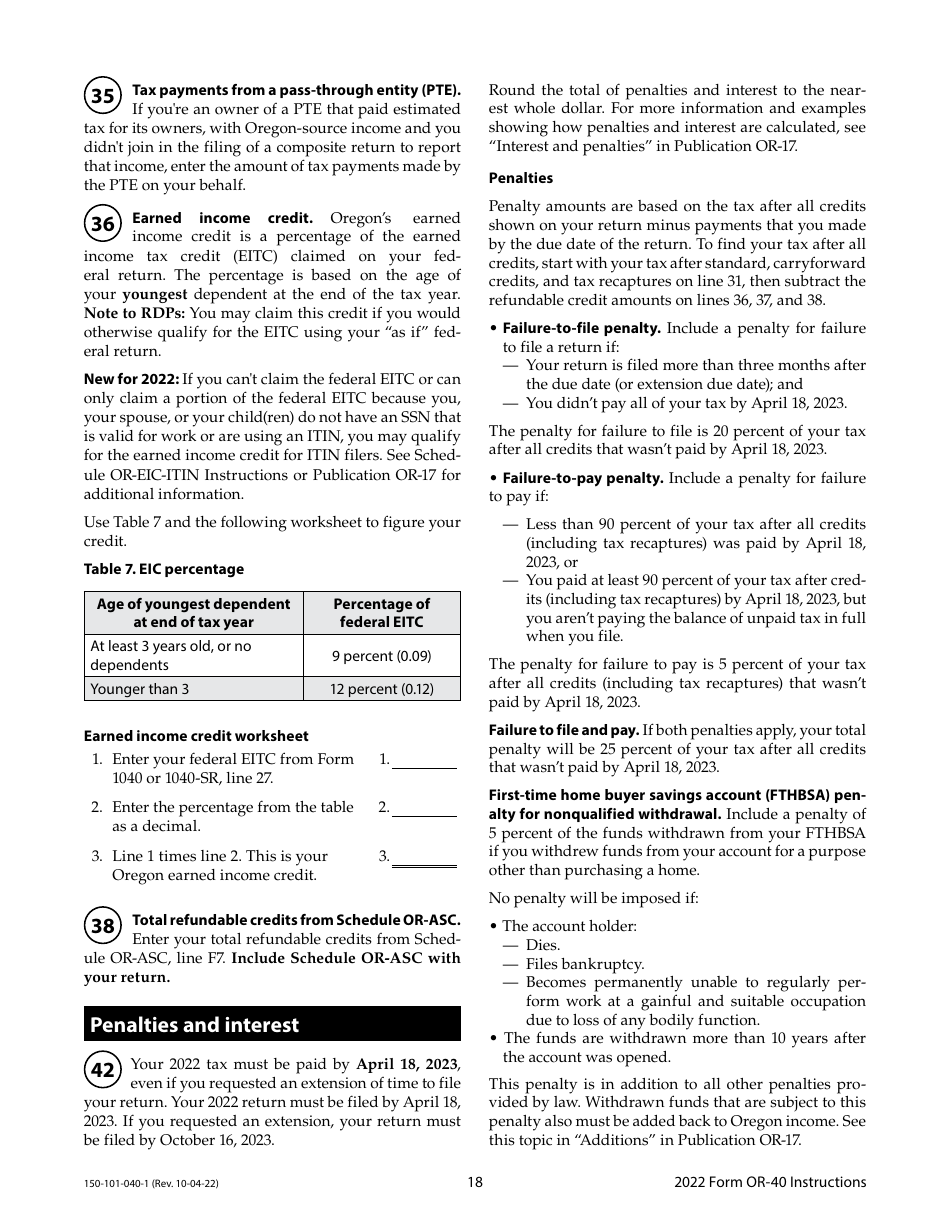 Instructions for Form OR-40, 150-101-040 Oregon Individual Income Tax Return for Full-Year Residents - Oregon, Page 18