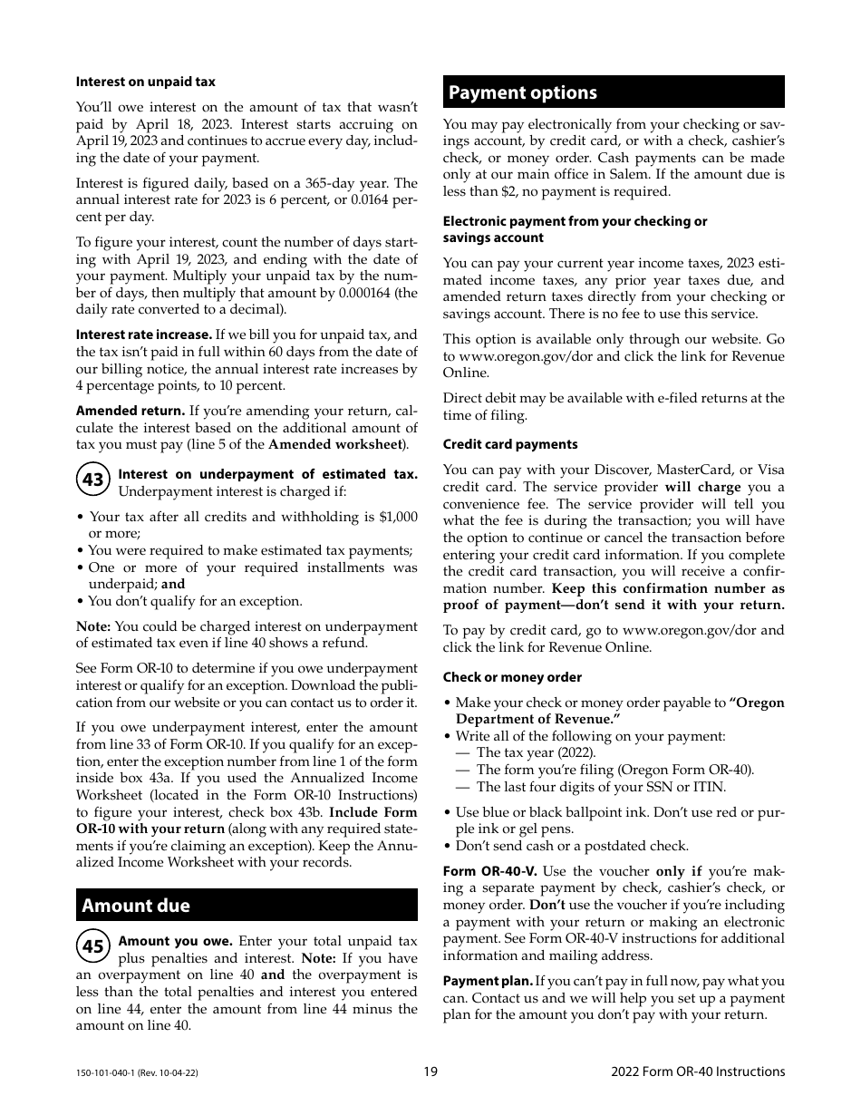 Instructions for Form OR-40, 150-101-040 Oregon Individual Income Tax Return for Full-Year Residents - Oregon, Page 19