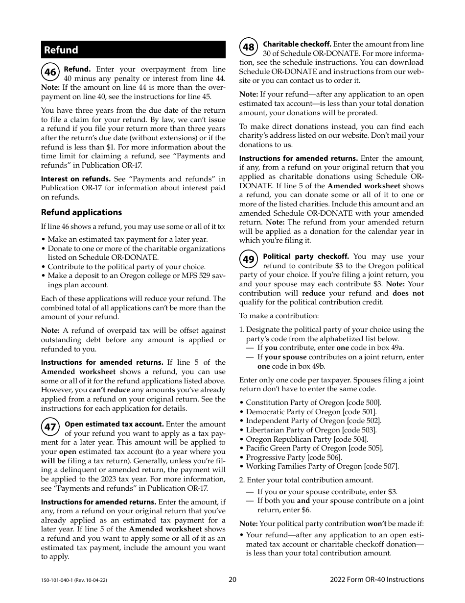 Instructions for Form OR-40, 150-101-040 Oregon Individual Income Tax Return for Full-Year Residents - Oregon, Page 20