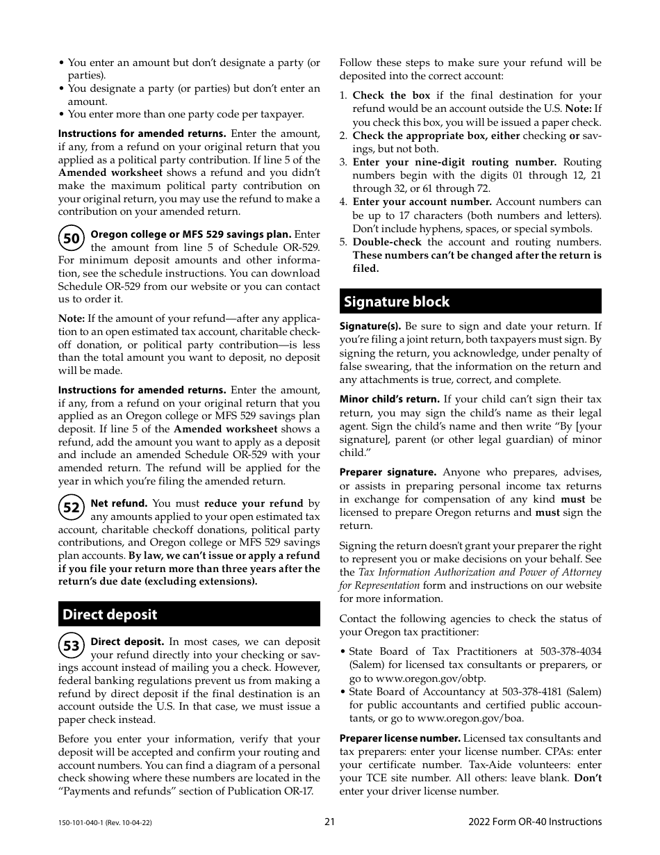 Instructions for Form OR-40, 150-101-040 Oregon Individual Income Tax Return for Full-Year Residents - Oregon, Page 21